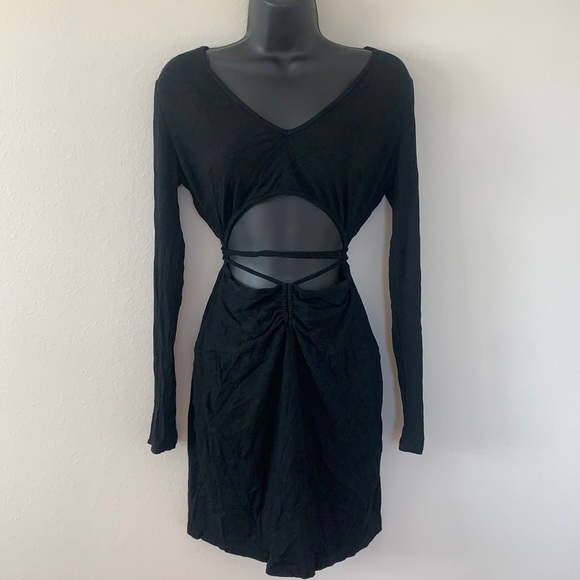 Princess Polly Noa Black Long Sleeve Ribbed Cut Out Criss Cross Tie Mini Dress - Picture 3 of 11